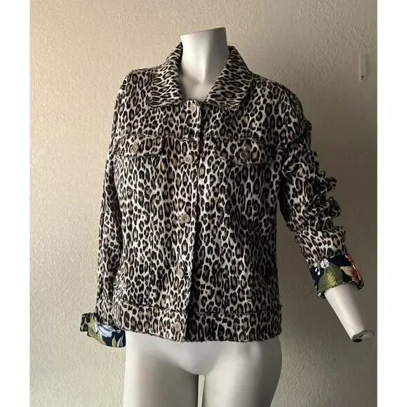 TOMMY BAHAMA TWO PALMS LAGOON LEOPARD 100% LINEN RAW EDGE FLIP CUFF JACKET Large - Picture 3 of 16